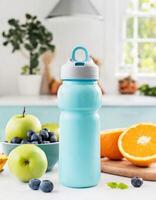 Sport drink bottle mockup with fruits on table, kitchen background photo