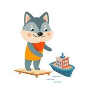 linda lobo y Embarcacion en blanco antecedentes. dibujos animados personaje. transporte y animales ilustración. vector