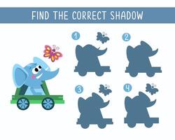 encontrar el Derecha sombra. rompecabezas juego para niños. linda animal en blanco antecedentes. transporte y animales ilustración. vector