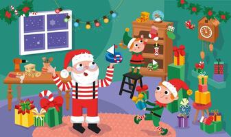 linda Papa Noel y duende hace regalos para niños. Papa Noel claus taller con mueble. invierno Navidad vacaciones. dibujos animados ilustración. vector