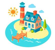 Flat illustration of seashore with lighthouse and house, cottage. isolated illustration vector