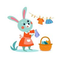 Cute stylised flat bunny rabbit mum hanging baby clothes. Cartoon isolated funny for design. illustration. vector