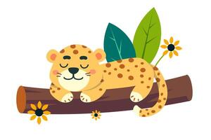Cute stylised jaguar sleeping on tree branch in jungle. Scene for design. illustration vector