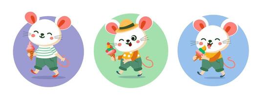 Cute cartoon stylised mice in city eating ice cream. Characters for design of children cards, books. illustration. vector