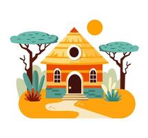 African hut in desert. House with porch and windows, thatched roof. isolated illustration. vector