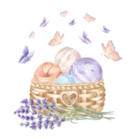 Lavender twig Balls of yarn in wicker basket Butterflies flying Arrangement with tangles of wool thread. Hand drawn watercolor illustration. Isolated template for card, knitter blog, needlework store. png