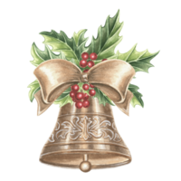 Bell bronze ornate with silk bow and holly. Christmas tree New Year holiday decorations in vintage. Hand drawn watercolor illustration festive design. Isolated template for invitation, postcard, print png