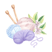 Balls and skeins of yarn Knitting needles White flowers with green leaves Arrangement with wool thread. Hand drawn watercolor illustration. Isolated template for card, knitter blog, needlework store. png