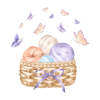Butterflies flying Tangles of threads in wicker basket. Balls of yarn. Hand drawn watercolor illustration. Isolated template for card, knitter blog, needlework store, embroidery, scrapbooking, textile png