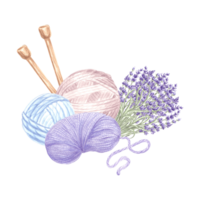 Balls and skeins of yarn Knitting needles Lavender purple twig Arrangement with tangles of wool thread. Hand drawn watercolor illustration. Isolated template for card, knitter blog, needlework store. png