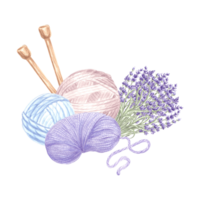 bollar och skeins av garn stickning nålar lavendel- lila kvist arrangemang med trassel av ull tråd. hand dragen vattenfärg illustration. isolerat mall för kort, stickare blogg, handarbete Lagra. png