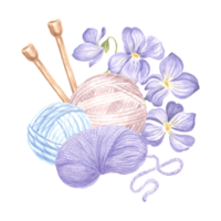 bollar och skeins av garn stickning nålar blommor av vild violer arrangemang med trassel av ull tråd. hand dragen vattenfärg illustration. isolerat mall för kort, stickare blogg, handarbete png