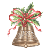 Bell bronze ornate with silk bow and holly. Christmas tree New Year holiday decorations in vintage. Hand drawn watercolor illustration festive design. Isolated template for invitation, postcard, print png