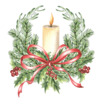 Spruce branch with candle, silk bow, mistletoe and holly. Christmas tree New Year holiday decoration. Hand drawn watercolor illustration Pine, ribbon in vintage. Isolated template for invitation, card png