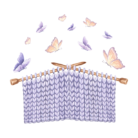 Butterflies flutter over Knitted fabric sample on knitting needles. Hand drawn watercolor illustration. Isolated template for print , card, knitter blog, needlework store, embroidery, scrapbooking. png