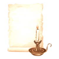 Sheet of parchment handwritten paper, burning candle in candlestick. Template old writing supplies. Hand drawn watercolor illustration. Isolated retro composition for design card, packaging, sticker. png