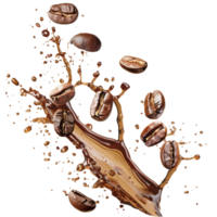Coffee beans and coffee liquid flying, on a transparent background png