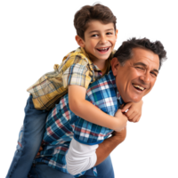 Vater halten seine acht Jahr alt Sohn auf seine Schultern während lächelnd. transparent Hintergrund, geeignet zum Eltern' Tag und Vaters Tag png