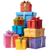 Stack of brightly colored gift boxes, on a transparent background png