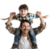 Father holding his eight year old son on his shoulders while smiling. Transparent background, suitable for parents' day and father's day png