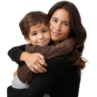 Mother holding eight year old child while smiling. Transparent background, suitable for parents' day and mother's day png