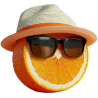 Fresco naranja rebanadas vistiendo Gafas de sol y verano sombrero, transparente antecedentes png