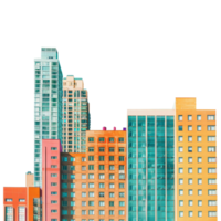 Brightly colored city buildings, on a transparent background png