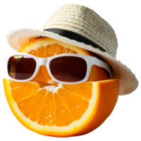 frisch Orange Scheiben tragen Sonnenbrille und Sommer- Hut, transparent Hintergrund png