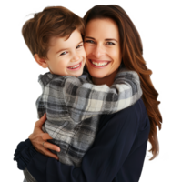 Mother holding eight year old child while smiling. Transparent background, suitable for parents' day and mother's day png