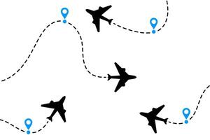 Airplane air flight path. Plane travel elements with travel pin map. Silhouette of airplane icon in flight map vector
