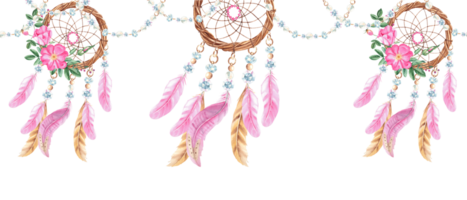 Dream catchers and jewelry threads horizontal watercolor seamless border pattern. Hand drawn realistic illustration. Bohemian decoration with beads, crystals, dog rose flowers and feathers. png