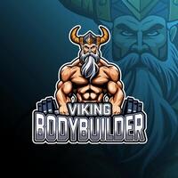 Viking bodybuilder carrying barbell mascot logo design for badge, emblem, esport and t-shirt printing vector