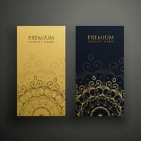 premium mandala cards in gold and black colors vector