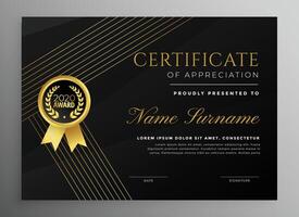 premium black certificate template with golden lines vector