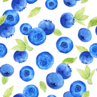 Blueberry watercolor pattern. Seamless pattern of ripe berries on a transparent background. Botanical hand drawn illustration for fabric, textile, wallpaper, wrapping paper. png