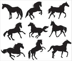 set of silhouettes of horses in various poses. Goes, runs, plays, jumps vector