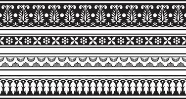 set of seamless monochrome black Indian national ornament. Ethnic endless plant border. Flowers frame. Poppies and leaves vector