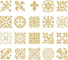 golden set of ancient Roman ornament elements. Classic European parts of patterns. Lilies and crowns. vector
