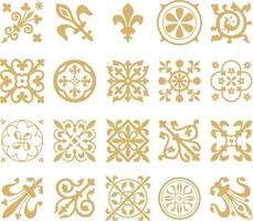 golden set of ancient Roman ornament elements. Classic European parts of patterns. Lilies and crowns. vector