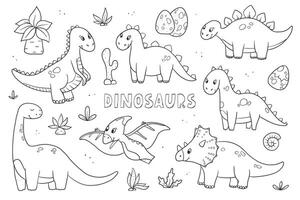 Dinosaurs doodles set, hand drawn cartoon elements for coloring books, prints, cards, banners, stickers, apparel decor, etc. EPS 10 vector