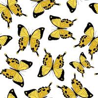 Yellow butterflies seamless pattern with hand drawn machaon butterflies on white background for wallpaper, textile prints, wrapping paper, packaging, stationary, etc. EPS 10 vector