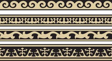 set of golden and black seamless Kazakh national ornament. Ethnic endless pattern of the peoples of the Great Steppe, Mongols, Kyrgyz, Kalmyks, Buryats. circle, frame border. vector