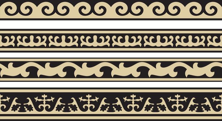 set of golden and black seamless Kazakh national ornament. Ethnic endless pattern of the peoples of the Great Steppe, Mongols, Kyrgyz, Kalmyks, Buryats. circle, frame border.