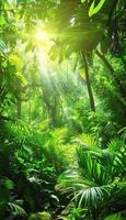 Sunlight filtering through lush green forest creating a stunning display of rays photo