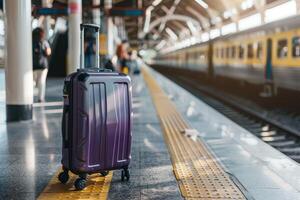 Travel suitcase placed by the entrance of a busy train station, ready for departure photo