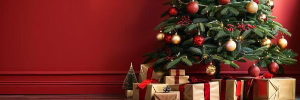 Festive christmas tree adorned with golden baubles and presents on a vibrant red background photo