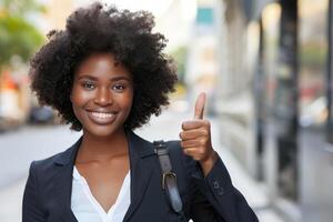 Confident businesswoman giving thumbs up in urban setting with ample space for text placement photo