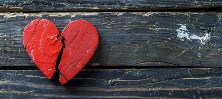 Cracked red heart symbol on dark textured wooden background for emotional concept photo