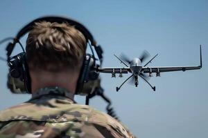 Army soldier in uniform with goggles and headphones closely monitoring a drone aircraft photo