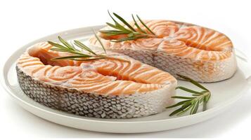 Delicious grilled salmon steak elegantly served on a delicate and exquisite porcelain plate photo